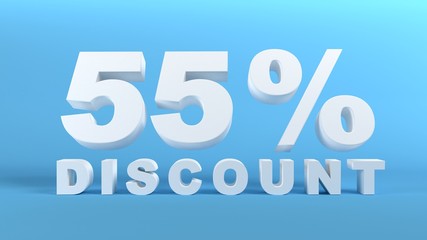 55 Percent Discount in white 3D text on light blue background, 3d render