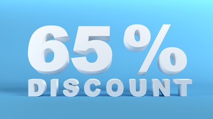 65 Percent Discount in white 3D text on light blue background, 3d render