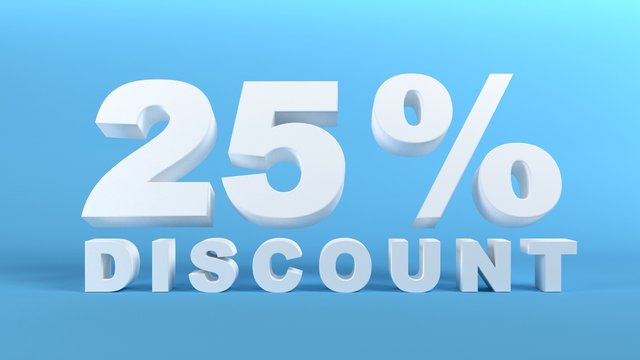 25 Percent Discount in white 3D text on light blue background, 3d render