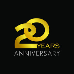 20 years gold anniversary celebration simple logo, isolated on dark background