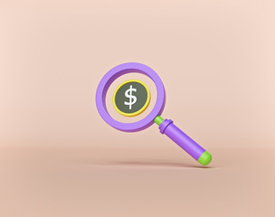 minimal style. dollar and magnifying glass isolated on pastel background. business research concept. 3d rendering