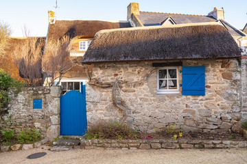 Brittany, Ile aux Moines island in the Morbihan gulf, a typical thatched cottage in the village