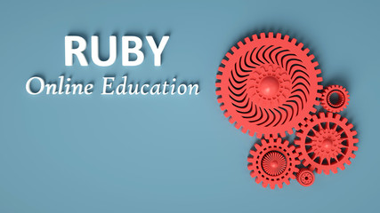 3D illustration of Ruby online education with red interlocking cogwheels on blue background. Learn to code Ruby programming language. Advertising Ruby concept banner