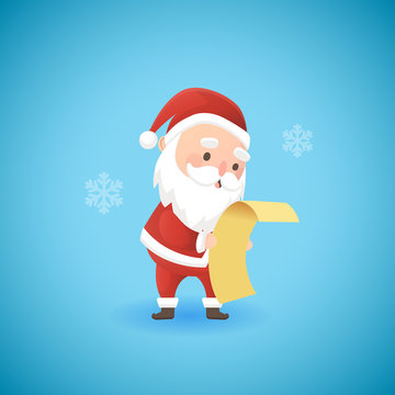 Festive Christmas funny Santa Claus holding gift list, vector illustration.