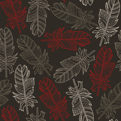 Vector feather texture pattern in black, white, red. Simple outline plume hand drawn made into texture repeat. Great for background, wallpaper, wrapping paper, packaging, fashion.