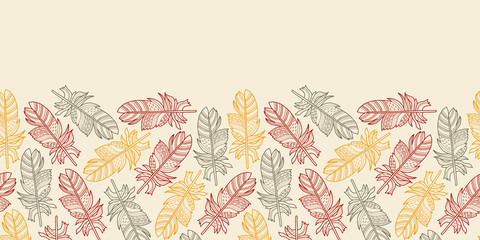 Vector feather seamless border in beige, red, orange. Simple doodle plume hand drawn made into repeat. Great for invitations, decor, packaging, ribbon, greeting cards, stationary.