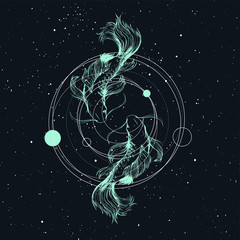 Cosmic print design with koi fish on the night sky galaxy