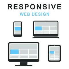 Responsive web design. Different types of blank screens. Display icons set. Computer Screen, Tablet PC, Mobile Phone, laptop. Vector illustration image. Isolated on white background. Net, website.
