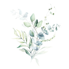 Watercolor floral illustration bouquet - green leaf branch collection, for wedding stationary, greetings, wallpapers, fashion, background. Eucalyptus, olive, green leaves, etc.