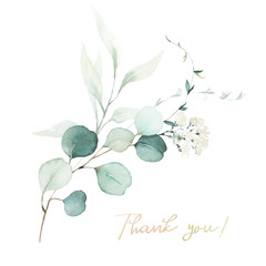 Watercolor floral illustration bouquet - green leaf branch collection, for wedding stationary, greetings, wallpapers, fashion, background. Eucalyptus, olive, green leaves, etc.