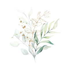 Watercolor floral illustration bouquet - green & gold leaf branches collection, for wedding stationary, greetings, wallpapers, fashion, background. Eucalyptus, olive, green leaves, etc.