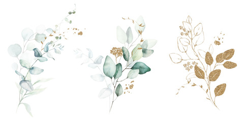 Watercolor floral illustration set - green & gold leaf branches collection, for wedding stationary, greetings, wallpapers, fashion, background. Eucalyptus, olive, green leaves, etc. © Veris Studio