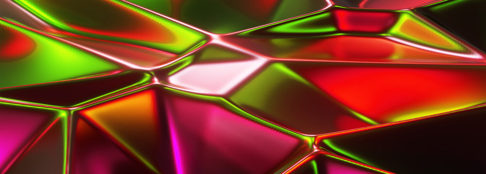 3d ILLUSTRATION, of green red abstract crystal background, triangular texture, wide panoramic for wallpaper, 3d background low poly design
