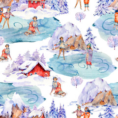 Vintage watercolor Сhristmas seamless pattern in scandinavian style of winter red houses covered with snow,