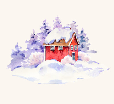 Watercolor Сhristmas illustration, winter red houses covered with snow in scandinavian style
