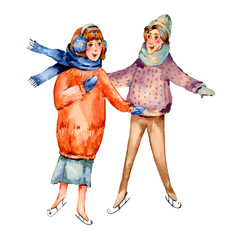 Vintage watercolor set of pair winter people sledding, ice skating on a rink. Snow outdoor activities