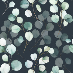 Seamless watercolor floral pattern - green leaves and branches composition on black background, perfect for wrappers, wallpapers, postcards, greeting cards, wedding invitations, romantic events.