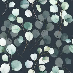 Washable wall murals Watercolor leaves Seamless watercolor floral pattern - green leaves and branches composition on black background, perfect for wrappers, wallpapers, postcards, greeting cards, wedding invitations, romantic events.