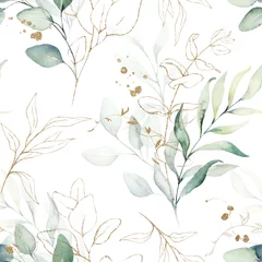 Wall murals Watercolor leaves Seamless watercolor floral pattern - green & gold leaves, branches composition on white background, perfect for wrappers, wallpapers, postcards, greeting cards, wedding invitations, romantic events.