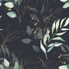 Nahtloses Aquarellblumenmuster - grüne und goldene Blätter, Zweige auf schwarzem Hintergrund, perfekt für Wrapper, Tapeten, Postkarten, Grußkarten, Hochzeitseinladungen, romantische Veranstaltungen.
