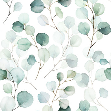 Seamless watercolor floral pattern - green leaves and branches composition on white background, perfect for wrappers, wallpapers, postcards, greeting cards, wedding invitations, romantic events. © Veris Studio