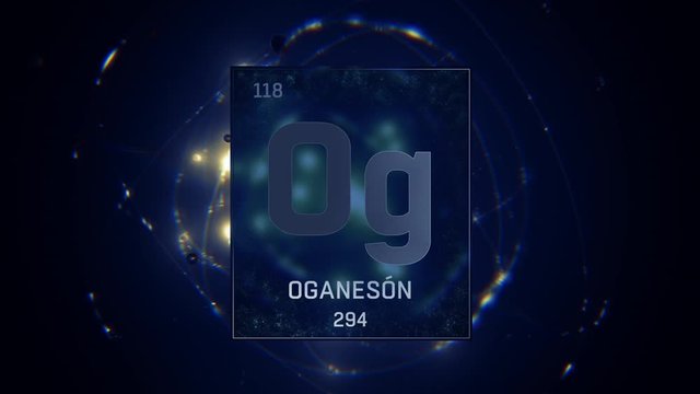 3D illustration of Oganesson as Element 118 of the Periodic Table. Blue illuminated atom design background with orbiting electrons. Name, atomic weight, element number in Spanish language 
