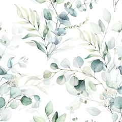 Behang Aquarel bladerprint Naadloze aquarel bloemmotief - groene bladeren en takken samenstelling op witte achtergrond, perfect voor wrappers, wallpapers, ansichtkaarten, wenskaarten, huwelijksuitnodigingen, romantische evenementen.