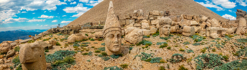 Panoramic view of some of the statues near the peak of Nemrut Dagi. King Antiochus I Theos of...