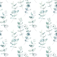 Foto op Plexiglas Aquarel bladerprint Naadloze aquarel bloemmotief - groene bladeren en takken samenstelling op witte achtergrond, perfect voor wrappers, wallpapers, ansichtkaarten, wenskaarten, huwelijksuitnodigingen, romantische evenementen.