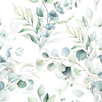 Seamless watercolor floral pattern - green leaves and branches composition on white background, perfect for wrappers, wallpapers, postcards, greeting cards, wedding invitations, romantic events.