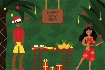 New year and christmas to hawaii guy in cap santa girl plays on ukulele table with tropical fruit exotic 2020 palm party people