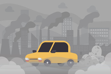 car air pollution, industry pollutant, toxic fume road smoke clouds city, industrial smog, polluted environment, exhaust pipe vehicle carbon dioxide, cartoon flat vector illustration.