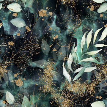 Seamless pattern. Floral branch on gold, dark, navy, purple, emerald, green and turquoise watercolor texture design. Rough brush stroke. Illustration. Liquid, water, fluid, cloud, abstract background.