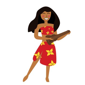 Hawaiian girl in red with a flower print is dancing hula and playing ukulele. Aloha text or poster for Hawaiian holidays. Vector illustration. Funny character, flat cartoon style summer design