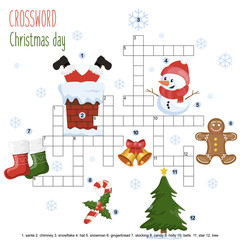 Easy crossword puzzle 'Christmas day', for children in elementary and middle school. Fun way to practice language comprehension and expand vocabulary.Includes answers. Vector illustration.