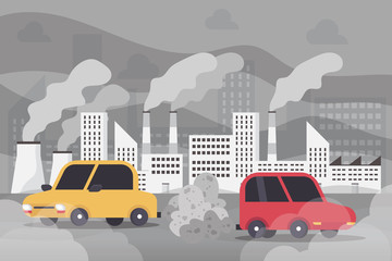car air pollution, industry pollutant, toxic fume road smoke clouds city, industrial smog, polluted environment, exhaust pipe vehicle carbon dioxide, flat cartoon vector illustration.