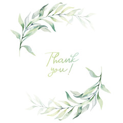 Watercolor floral illustration - green leaves and branches wreath / frame, for wedding stationary, greetings, wallpapers, fashion, background. Eucalyptus, olive, green leaves, etc.