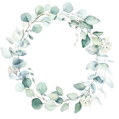 Watercolor floral illustration - green leaves and branches wreath / frame, for wedding stationary, greetings, wallpapers, fashion, background. Eucalyptus, olive, green leaves, etc.