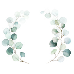 Obraz premium Watercolor floral illustration - green leaves and branches wreath / frame, for wedding stationary, greetings, wallpapers, fashion, background. Eucalyptus, olive, green leaves, etc.