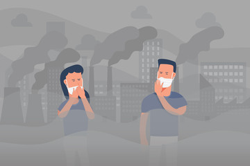 people walking on street and wearing face masks for protecting from air smoke factory pollution, health problem, dust, industrial smog, toxic city, cartoon character flat vector illustration.