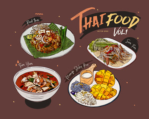 Thai food collection, hand draw sketch vector.