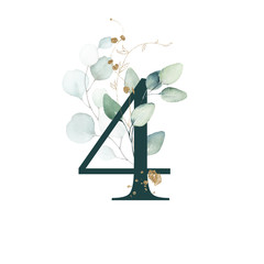 Dark Green Floral Numbers - digit 4 with gold and green botanic branch bouquet composition. Unique collection for wedding invites decoration, birthdays & other concept ideas.