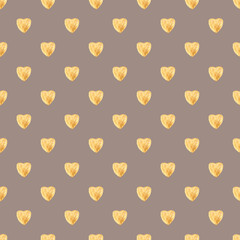 Seamless pattern of watercolor gold hearts on a coffee background. Hand drawing. For gift paper, greetings, textiles, Wallpaper, Valentine's day, mother's day, scrapbooking.