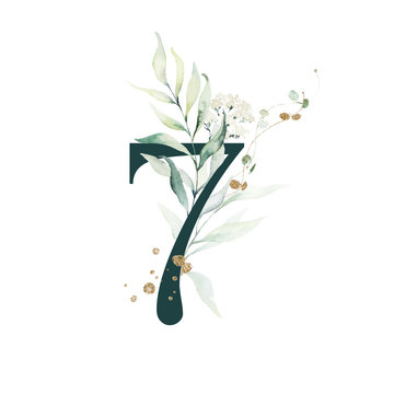 Dark Green Floral Numbers - digit 7 with gold and green botanic branch bouquet composition. Unique collection for wedding invites decoration, birthdays & other concept ideas.