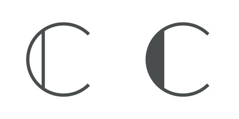 Letra C del alfabeto en tipografía tipo art deco estilo Broadway. Versión contorno y relleno en color gris