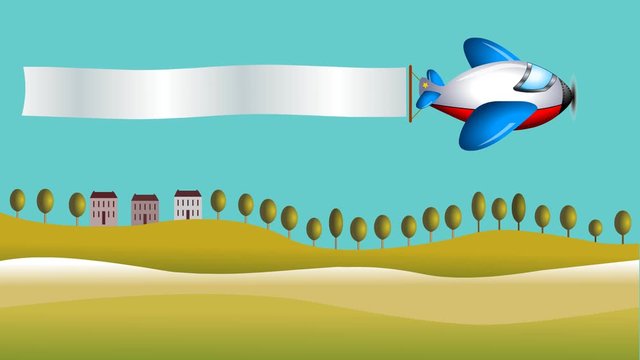 Animated cartoon plane illustration over country with banner animation.