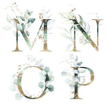 Gold Green Floral Alphabet Set - letters M, N, O, P with green leaves, botanic branch bouquet composition. Unique collection for wedding invites decoration and many other concept ideas.