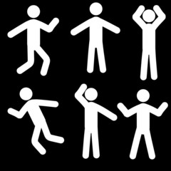 Stick man in different poses isolated on black background