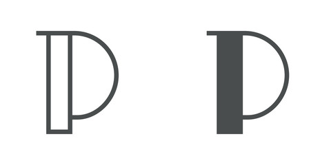 Letra P del alfabeto en tipografía tipo art deco estilo Broadway. Versión contorno y relleno en color gris