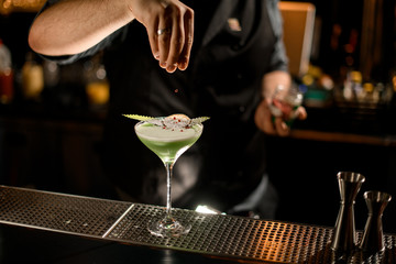 Bartender dropping berries on a alcohol drink